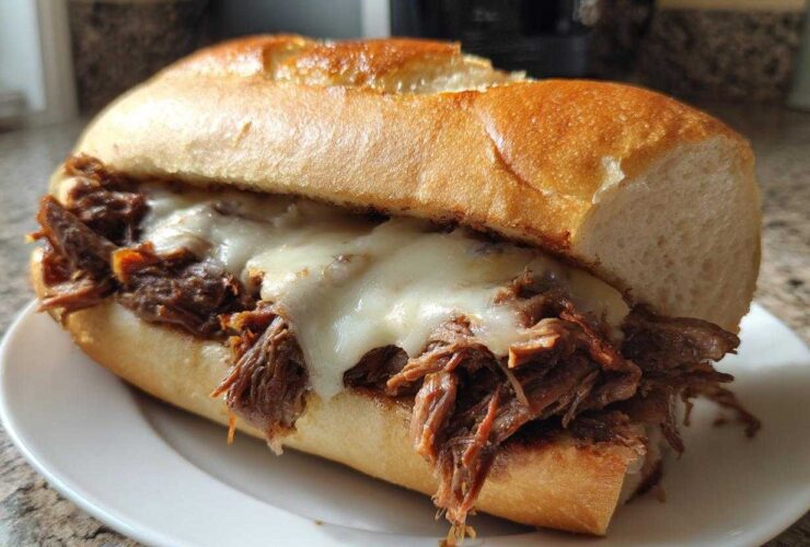 Close-up of a hearty Crockpot French Dip Sandwiches filled with shredded beef and melted white cheese on a toasted roll.