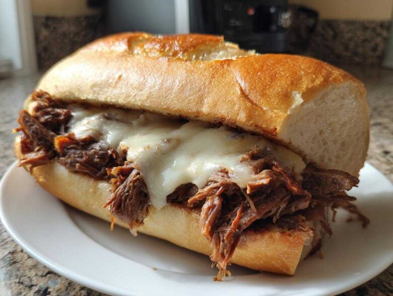 Close-up of a hearty Crockpot French Dip Sandwiches filled with shredded beef and melted white cheese on a toasted roll.