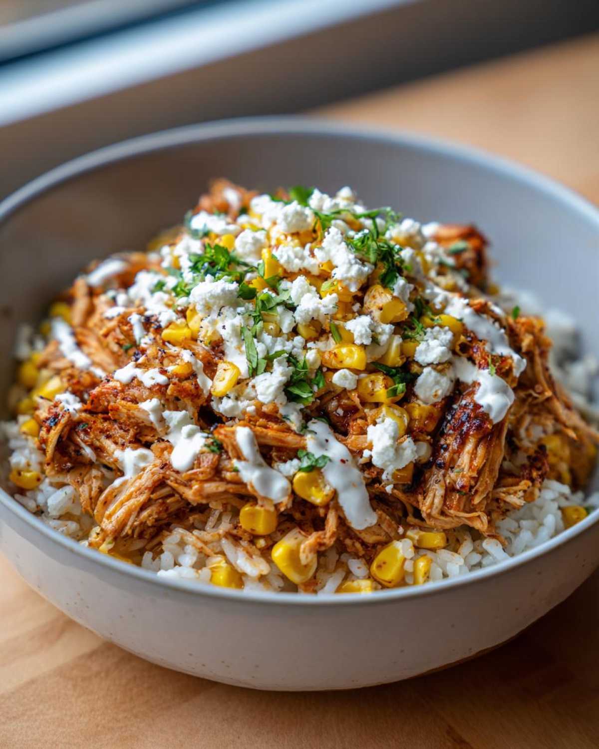 Close-up of the Flavor Street Corn Chicken Rice Bowl topped with cotija cheese and crema.