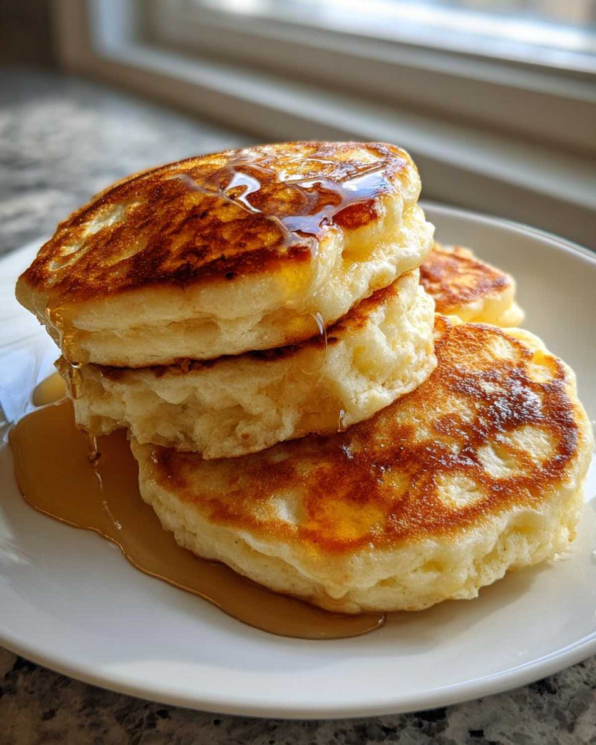 A close-up of a stack of three fluffy Cottage Cheese Pancakes drizzled generously with maple syrup on a white plate.