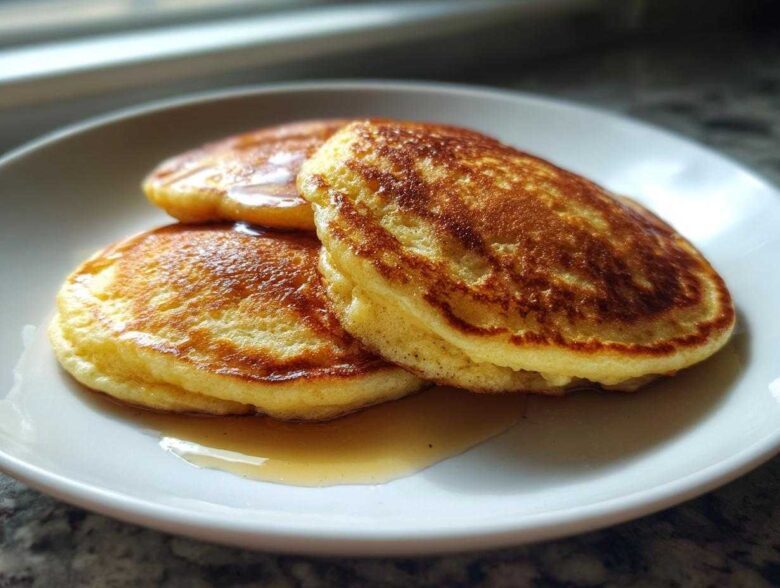 Three golden-brown Cottage Cheese Pancakes stacked on a white plate, drizzled with maple syrup.