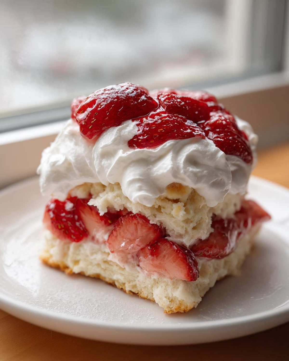 A close-up of a fluffy Strawberry Shortcake slice layered with macerated strawberries and topped with whipped cream.
