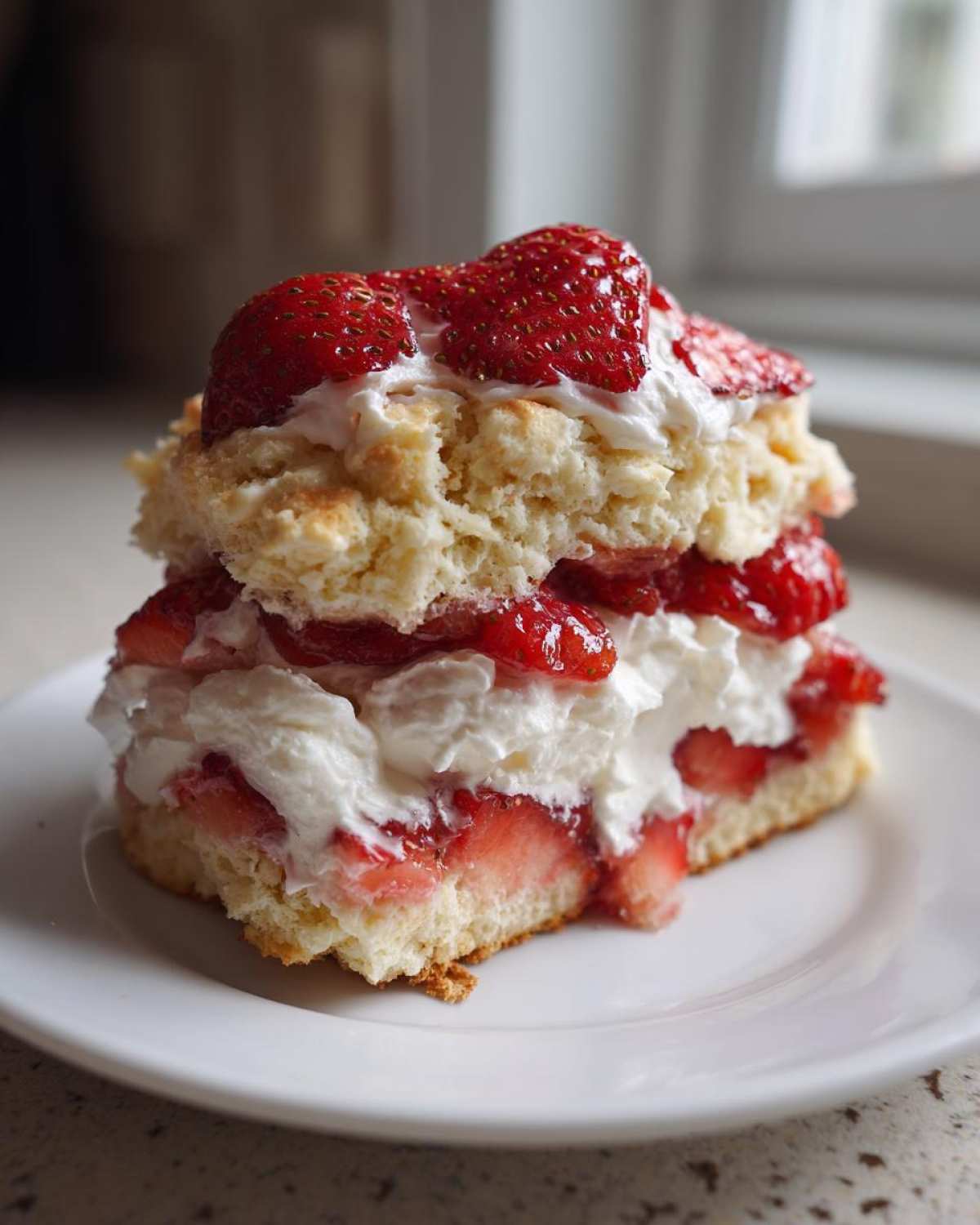A tall, fluffy slice of Strawberry Shortcake layered with biscuit, whipped cream, and macerated strawberries.