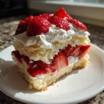 A close-up of a fluffy slice of Strawberry Shortcake layered with macerated strawberries and whipped cream on a white plate.