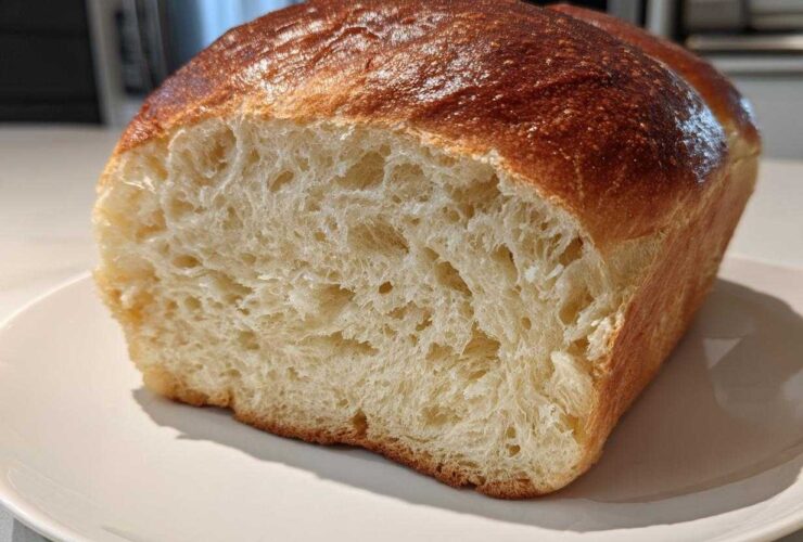 A loaf of Fluffy Yeast Bread Homemade Soft Bread cut in half, showing a light, airy interior and golden-brown crust.