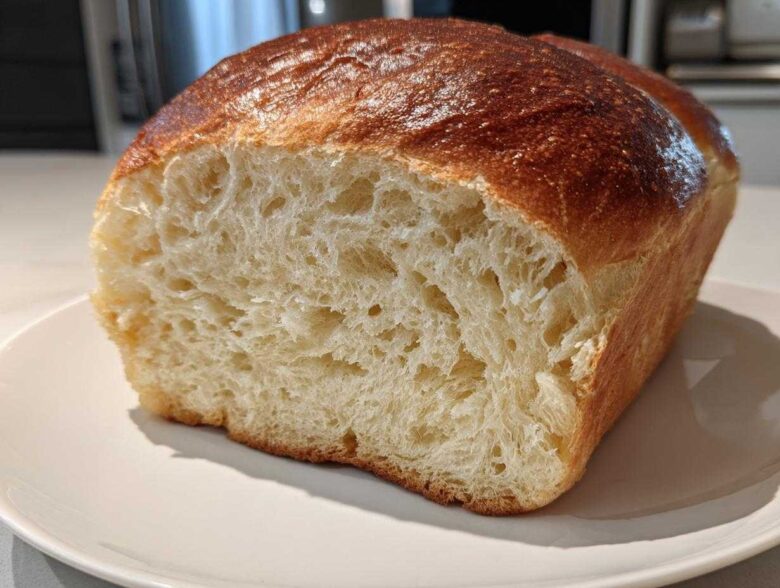 A loaf of Fluffy Yeast Bread Homemade Soft Bread cut in half, showing a light, airy interior and golden-brown crust.
