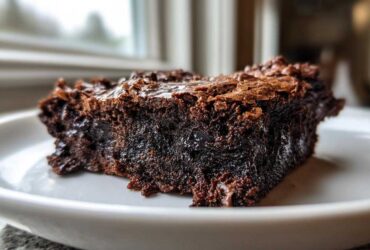 A close-up, side view of a single, incredibly moist and fudgiest brownies square on a white plate.