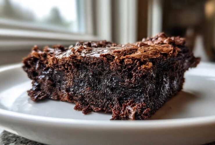 A close-up, side view of a single, incredibly moist and fudgiest brownies square on a white plate.