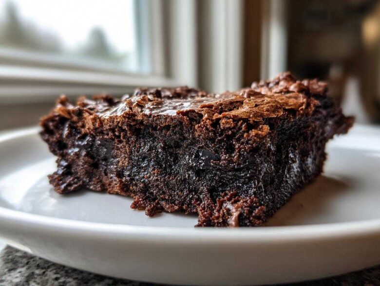 A close-up, side view of a single, incredibly moist and fudgiest brownies square on a white plate.