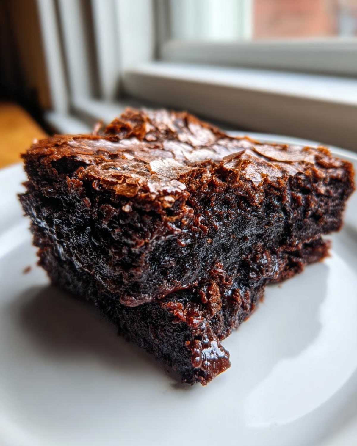 A close-up of two stacked, intensely dark and fudgiest brownies showing a shiny, cracked top crust on a white plate.