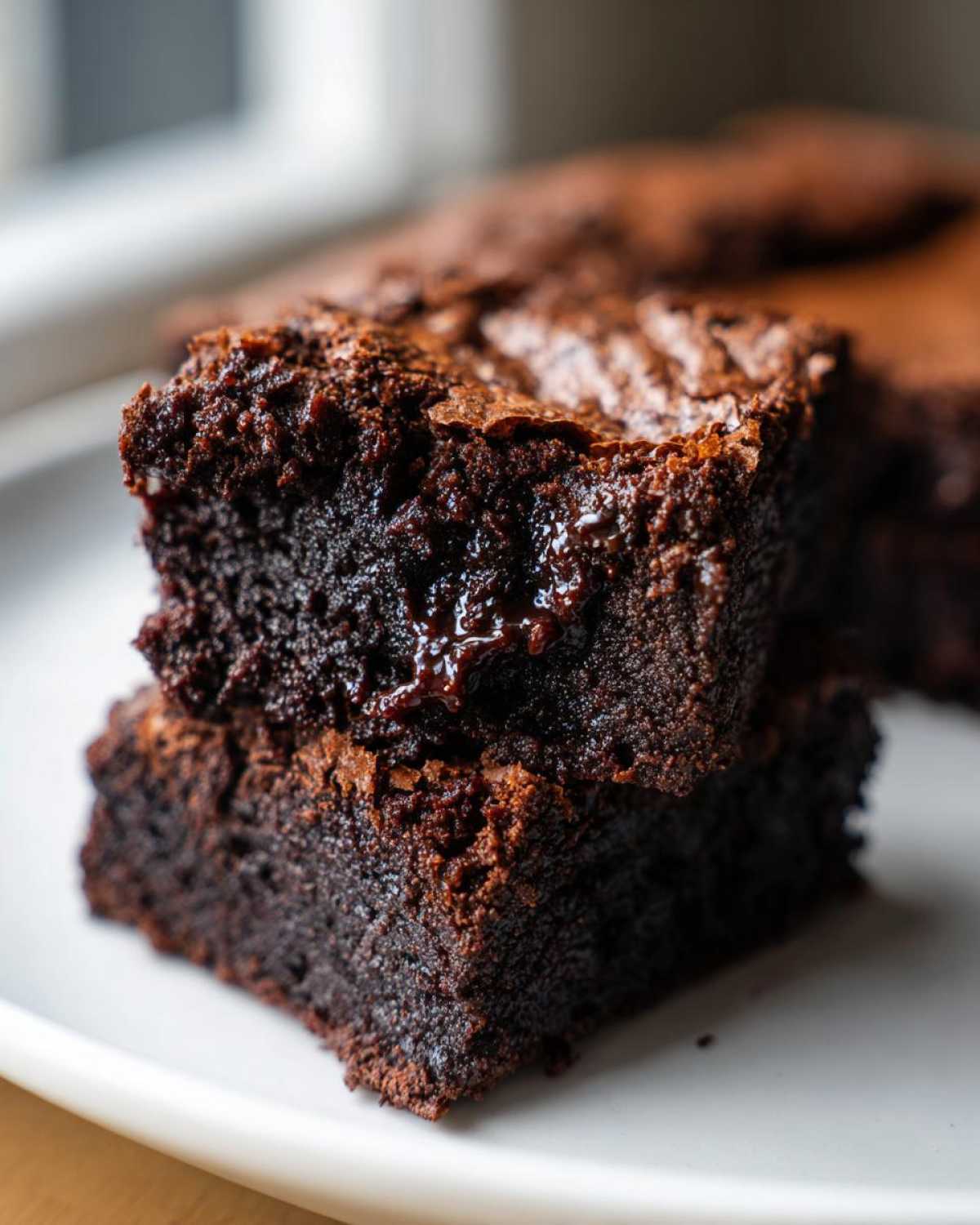 Two stacked squares of incredibly rich, fudgiest brownies showing a moist, gooey center and crackly top.