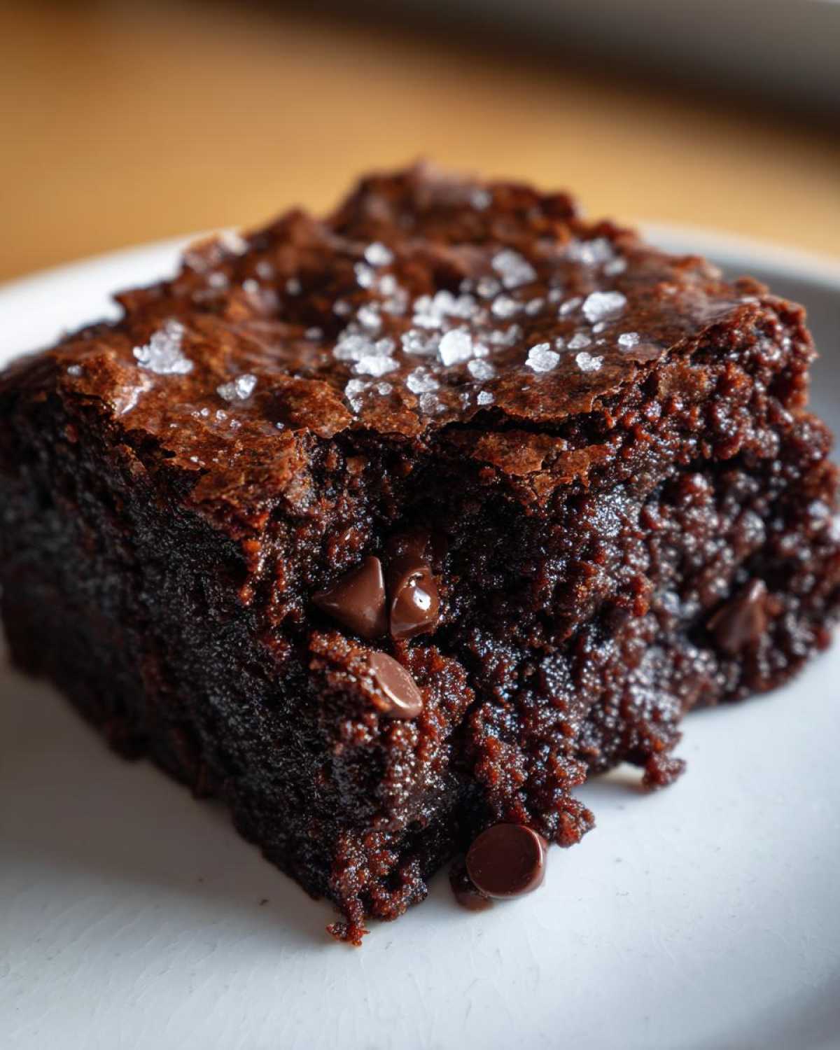 Close-up of a rich, fudgy Brown Butter Brownies square topped with flaky sea salt and chocolate chips.