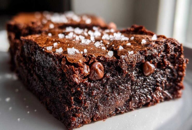Close-up of a rich, fudgy Brown Butter Brownies slice topped with flaky sea salt and chocolate chips.