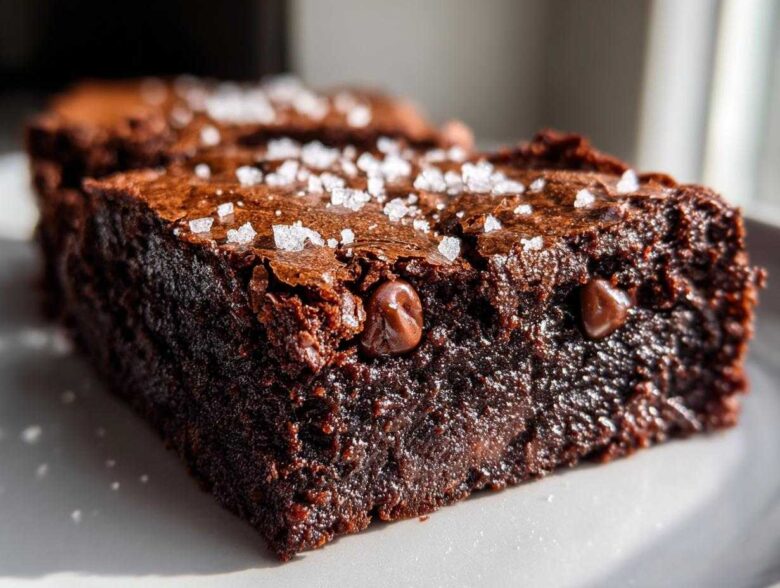 Close-up of a rich, fudgy Brown Butter Brownies slice topped with flaky sea salt and chocolate chips.