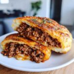 Close-up of Garlic Bread Sloppy Joes cut in half, showing rich meat filling and melted cheese inside a toasted bun.