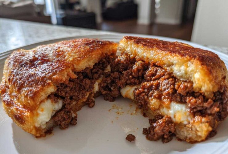 A close-up of Garlic Bread Sloppy Joes cut in half, showing the savory meat filling and melted cheese inside the toasted bread.