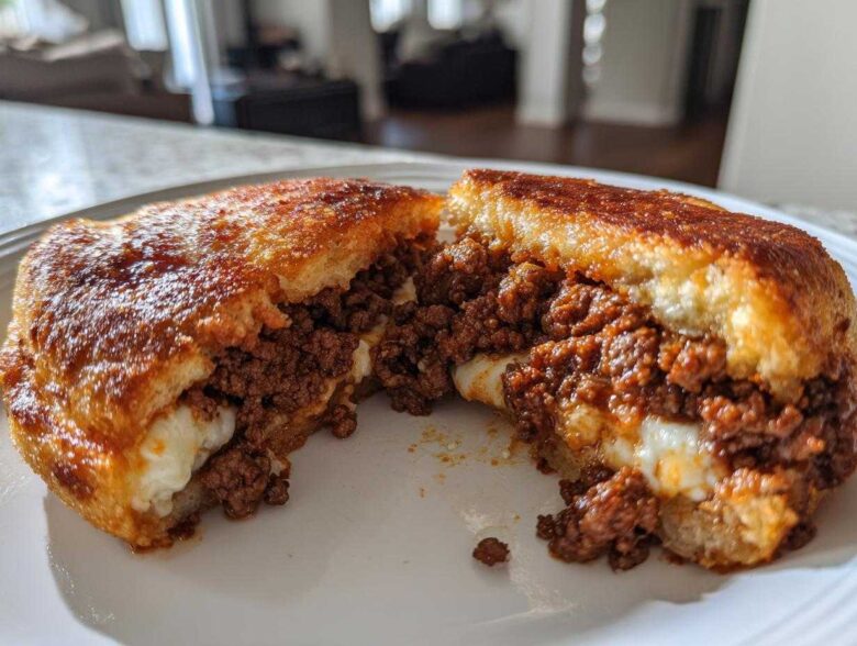 A close-up of Garlic Bread Sloppy Joes cut in half, showing the savory meat filling and melted cheese inside the toasted bread.