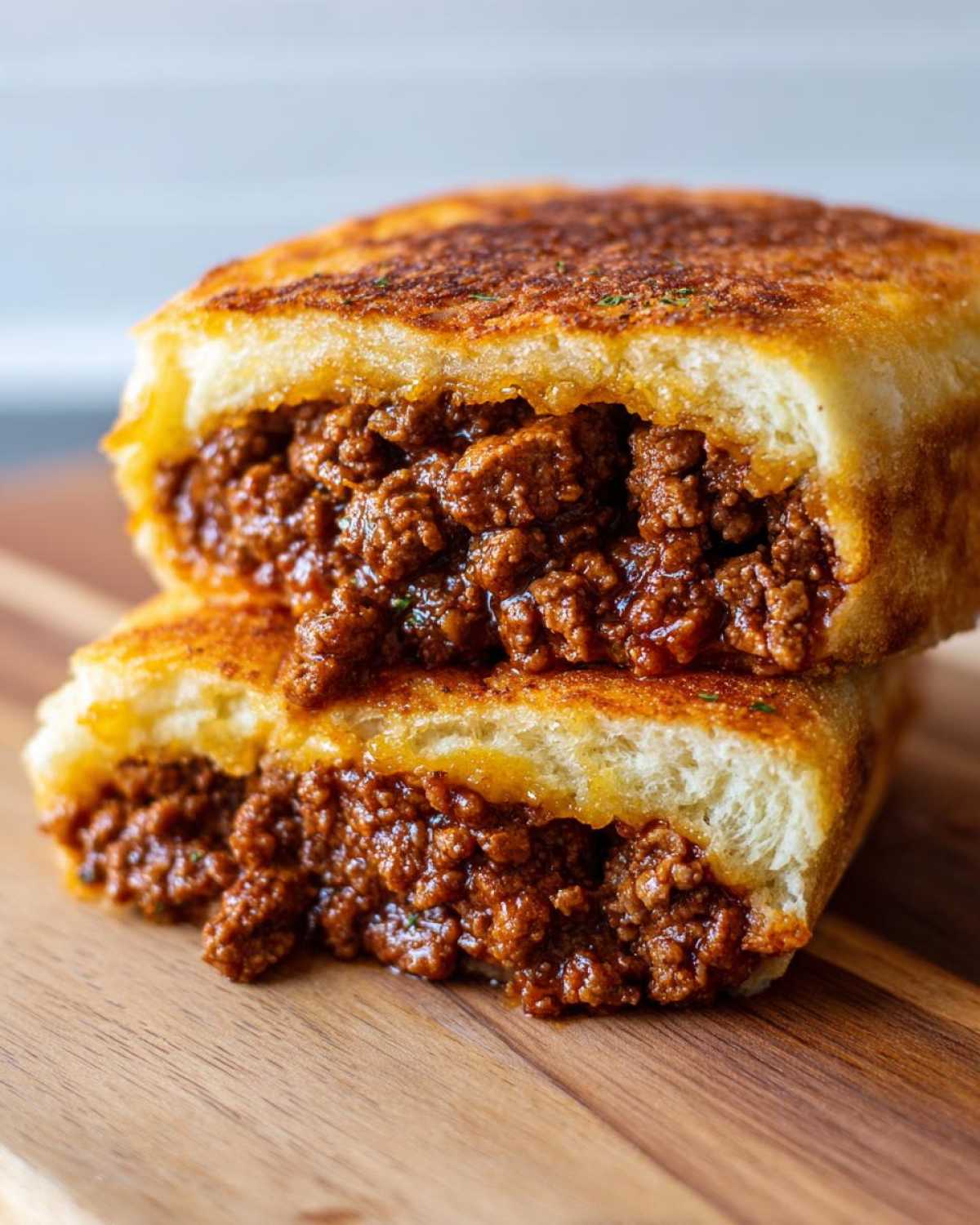 Cross-section of a grilled sandwich revealing a rich, saucy filling for Garlic Bread Sloppy Joes.