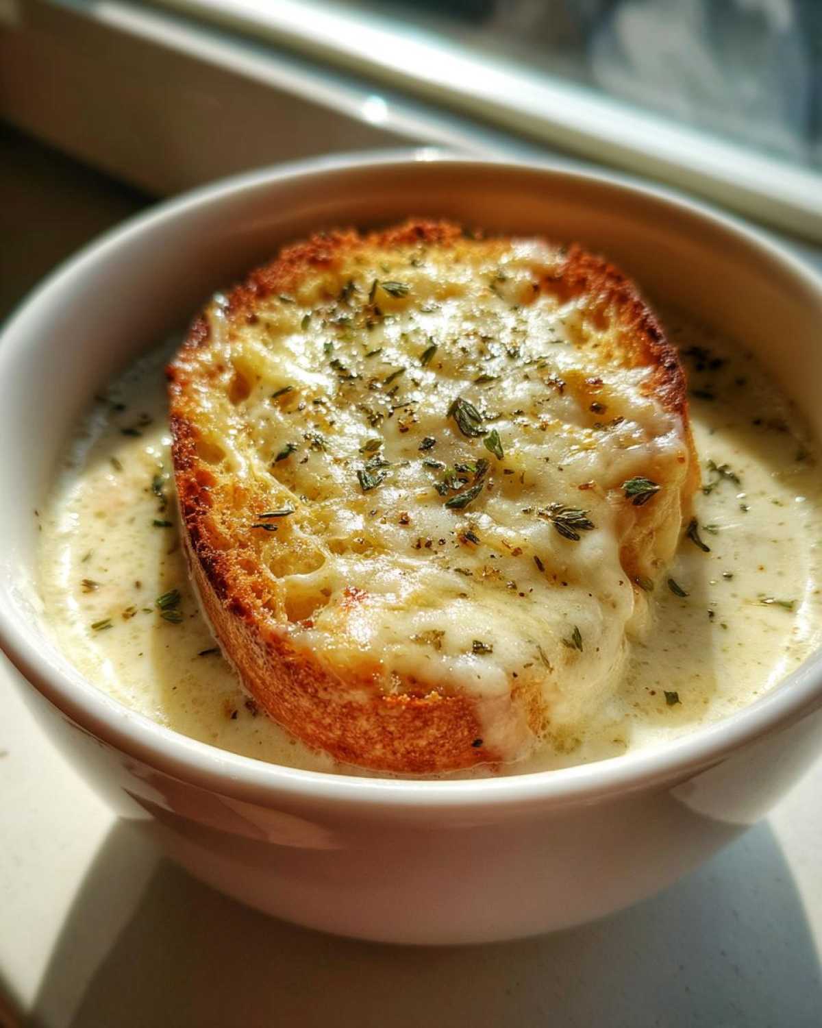 Close-up of a bowl of creamy Garlic Bread Soup topped with a thick slice of toasted bread covered in melted cheese and herbs.