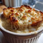 Close-up of a ramekin filled with Garlic Bread Soup, topped with melted, browned cheese and herbs over toasted bread.