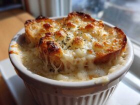 Close-up of a ramekin filled with Garlic Bread Soup, topped with melted, browned cheese and herbs over toasted bread.