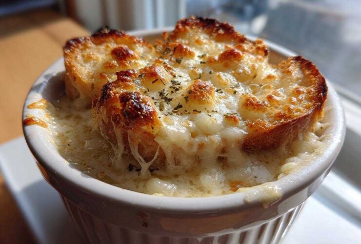 Close-up of a ramekin filled with Garlic Bread Soup, topped with melted, browned cheese and herbs over toasted bread.