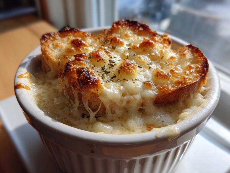 Close-up of a ramekin filled with Garlic Bread Soup, topped with melted, browned cheese and herbs over toasted bread.