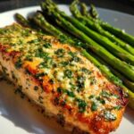Close-up of a perfectly cooked Garlic Butter Baked Salmon Dinner topped with herbs, served next to bright green asparagus spears.