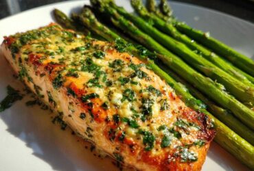 Close-up of a perfectly cooked Garlic Butter Baked Salmon Dinner topped with herbs, served next to bright green asparagus spears.