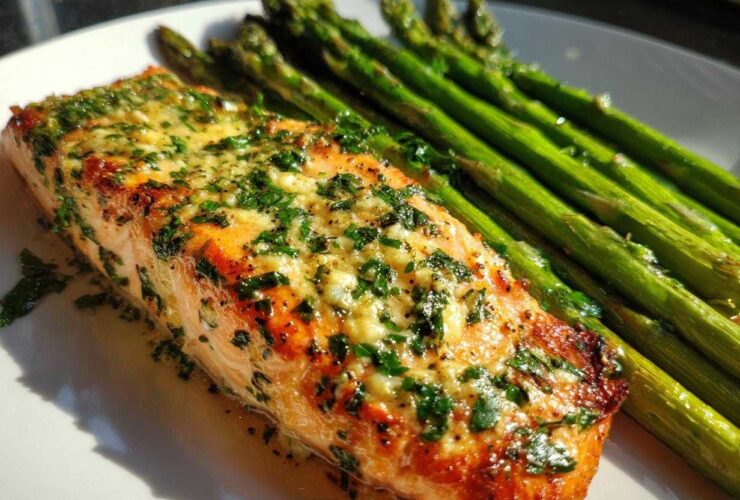 Close-up of a perfectly cooked Garlic Butter Baked Salmon Dinner topped with herbs, served next to bright green asparagus spears.