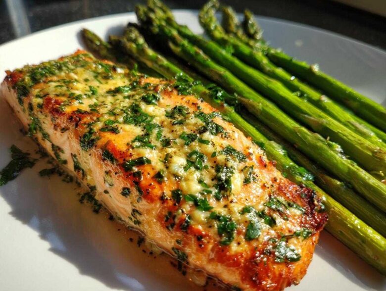 Close-up of a perfectly cooked Garlic Butter Baked Salmon Dinner topped with herbs, served next to bright green asparagus spears.
