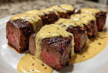 Close-up of perfectly cooked medium-rare Garlic Butter Steak with Parmesan Cream Sauce drizzled over top.