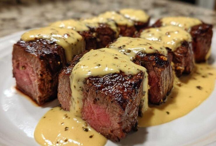 Close-up of perfectly cooked medium-rare Garlic Butter Steak with Parmesan Cream Sauce drizzled over top.