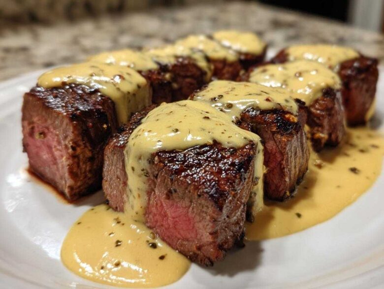 Close-up of perfectly cooked medium-rare Garlic Butter Steak with Parmesan Cream Sauce drizzled over top.