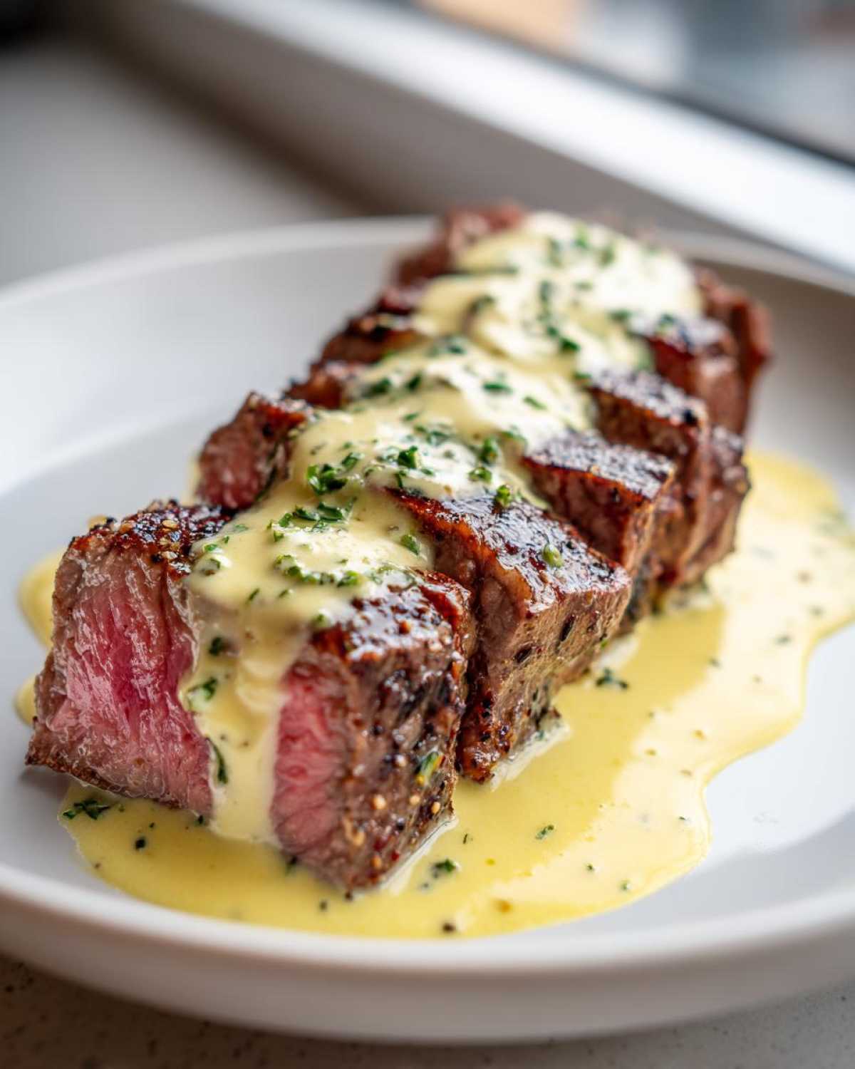 Close-up of sliced Garlic Butter Steak with Parmesan Cream Sauce, showing a medium-rare center.