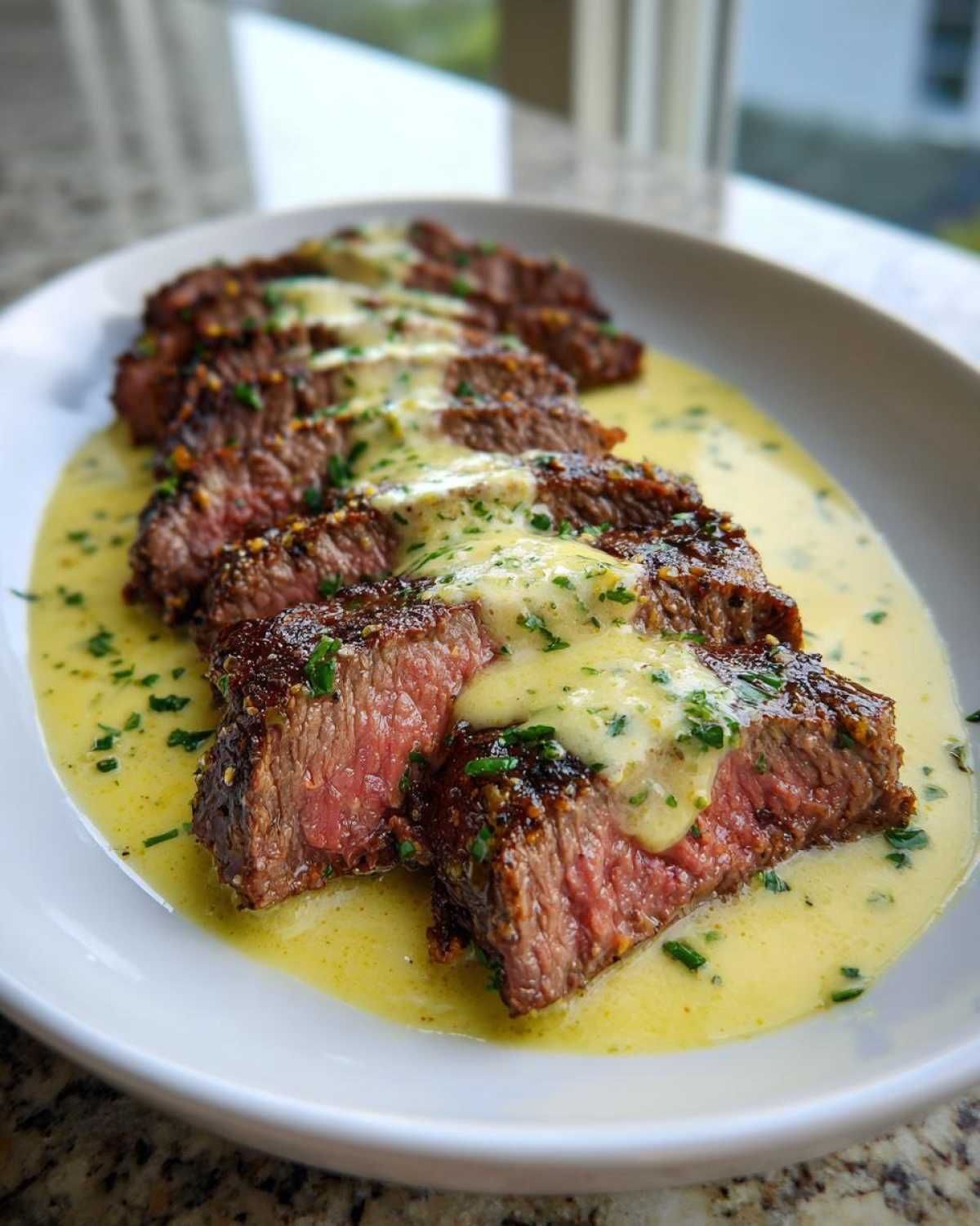 Perfectly cooked, sliced steak drizzled with Parmesan cream sauce, part of the Garlic Butter Steak with Parmesan Cream Sauce recipe.