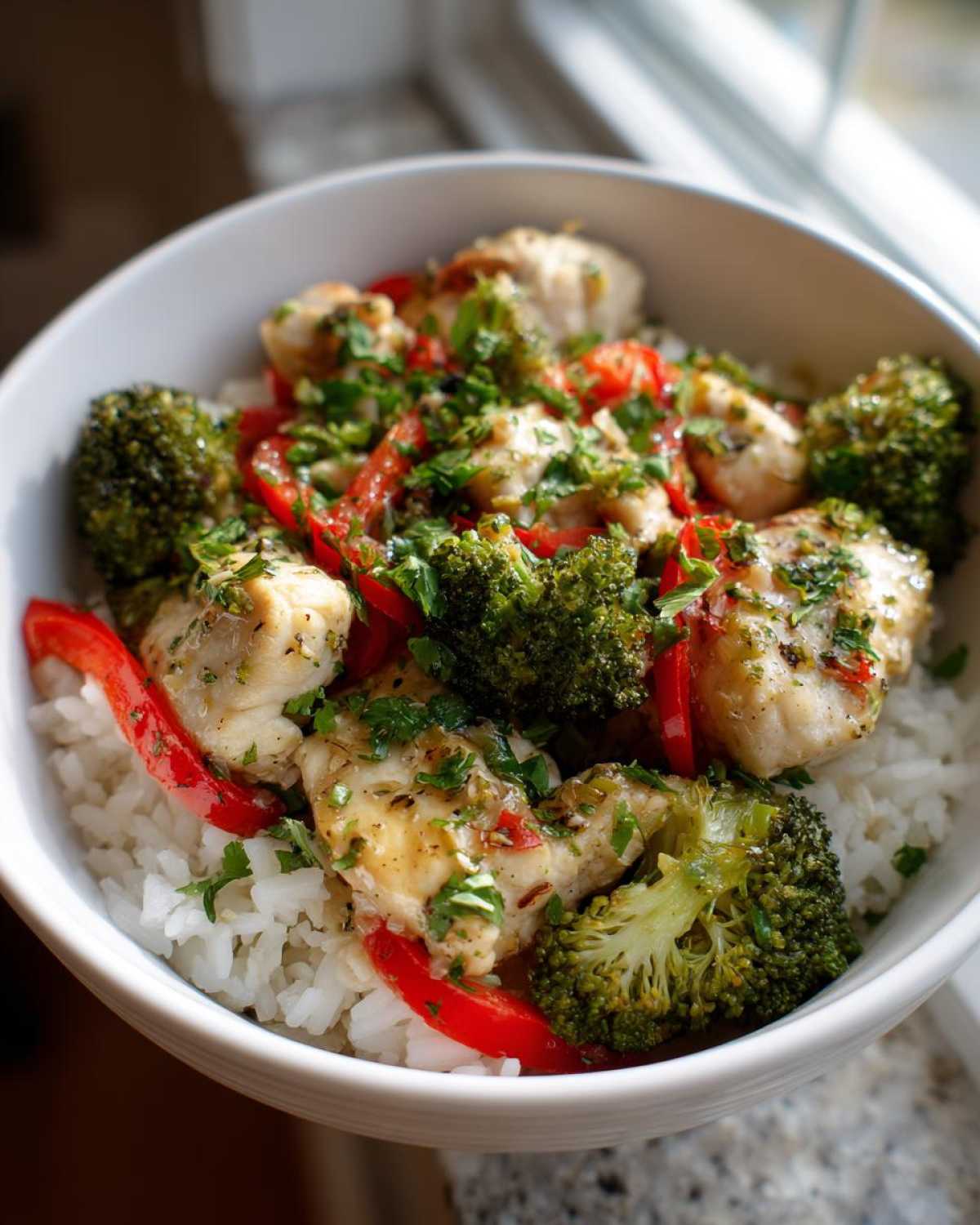 Close-up of Garlic Chicken Bowls featuring white rice topped with seasoned chicken pieces, bright green broccoli florets, and red bell peppers.