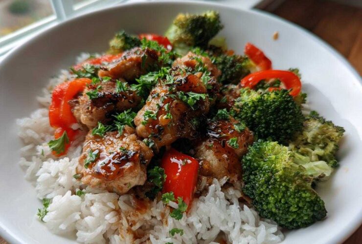 A close-up of a white bowl filled with Garlic Chicken Bowls, featuring glazed chicken pieces over white rice with broccoli and red peppers.