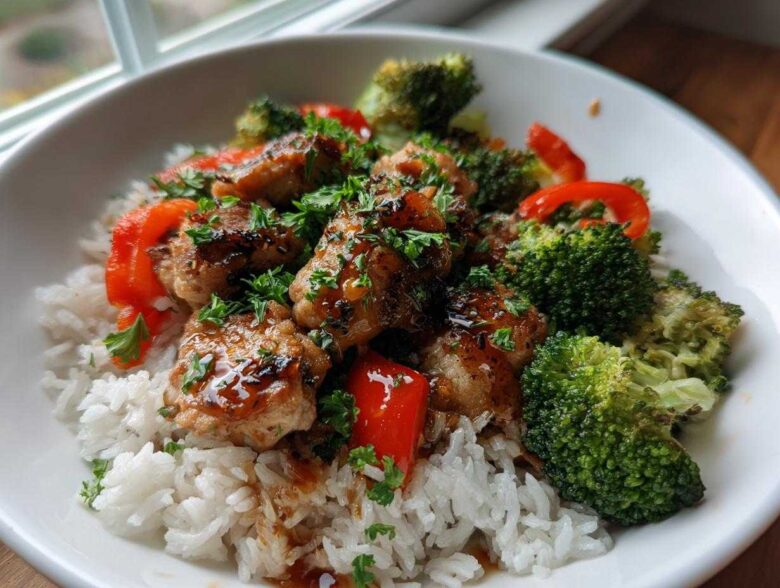A close-up of a white bowl filled with Garlic Chicken Bowls, featuring glazed chicken pieces over white rice with broccoli and red peppers.
