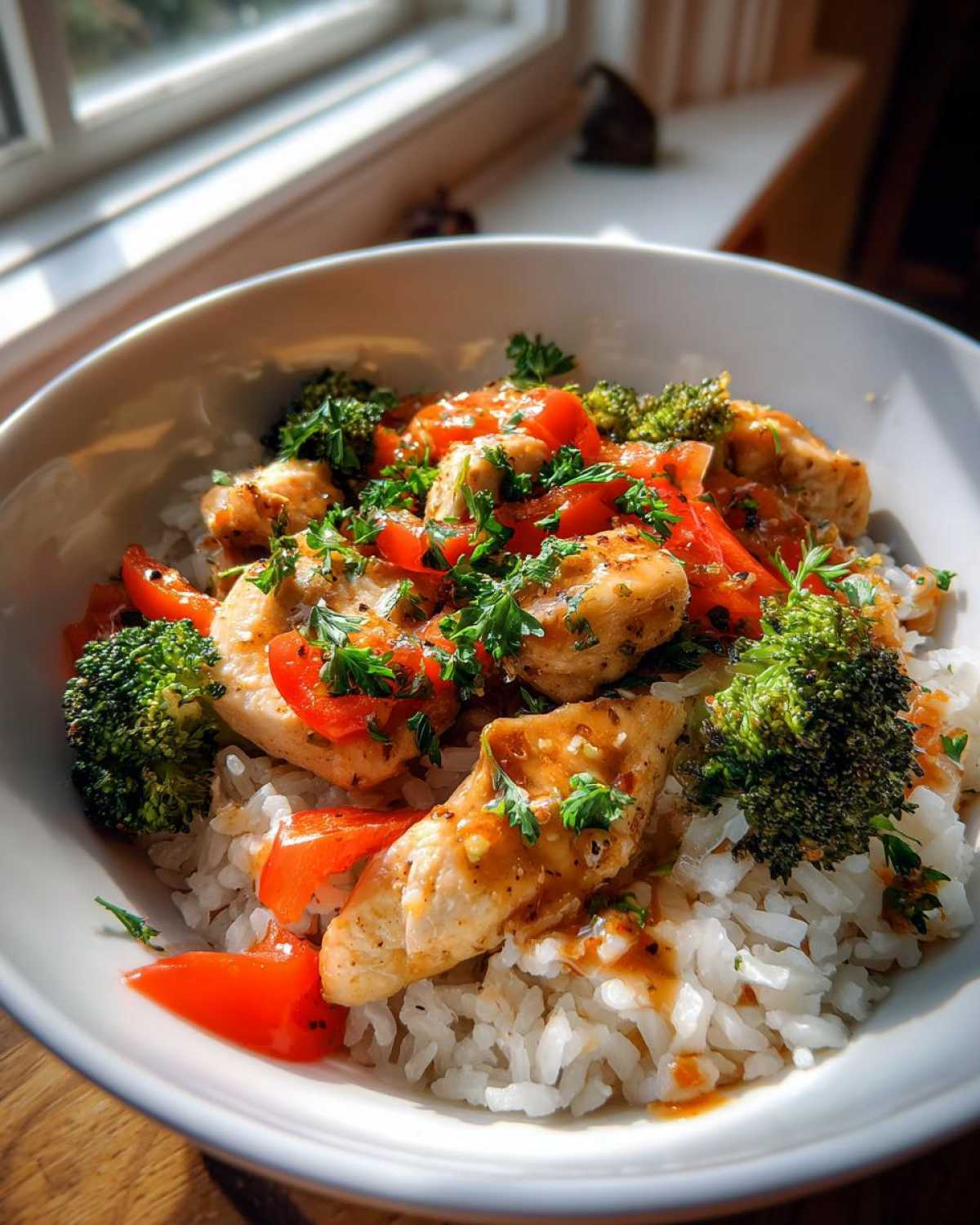 A close-up of a white bowl filled with Garlic Chicken Bowls: white rice topped with saucy chicken pieces, bright red peppers, and steamed broccoli, garnished with parsley.