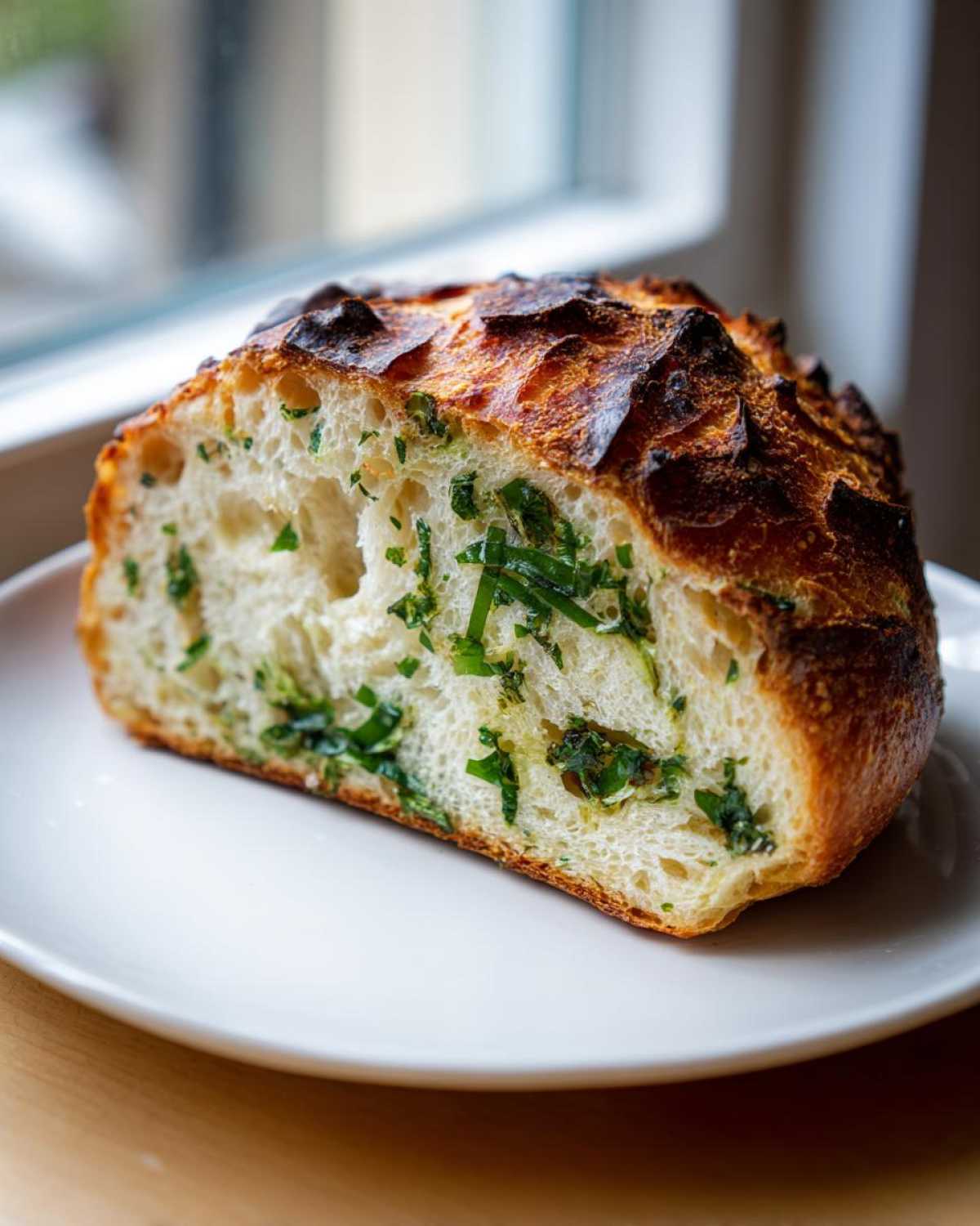 A cross-section slice of Garlic Herb Dutch Oven Bread showing a fluffy interior studded with green herbs.