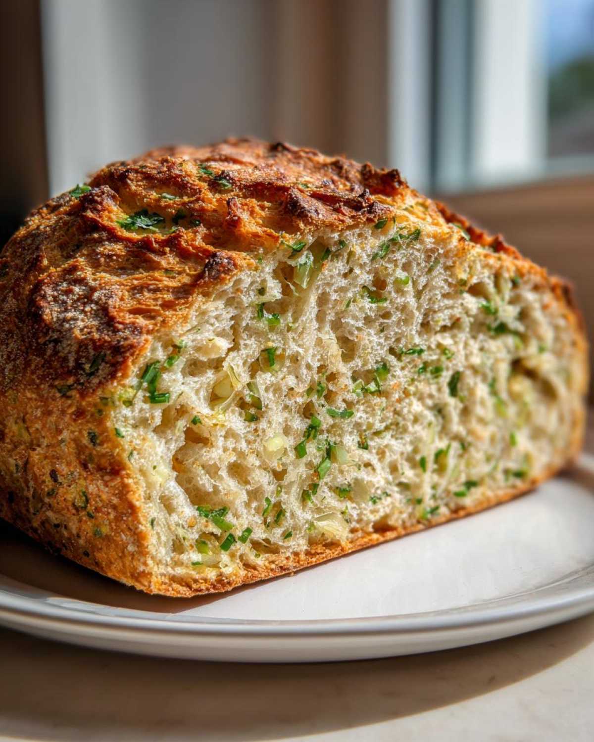 Close-up of a sliced loaf of Garlic Herb Dutch Oven Bread showing the airy crumb filled with green herbs and garlic pieces.