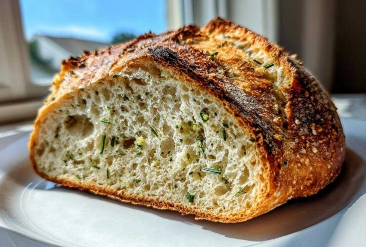 Close-up of a thick slice of Garlic Herb Dutch Oven Bread showing the airy interior studded with green herbs and a dark, crispy crust.