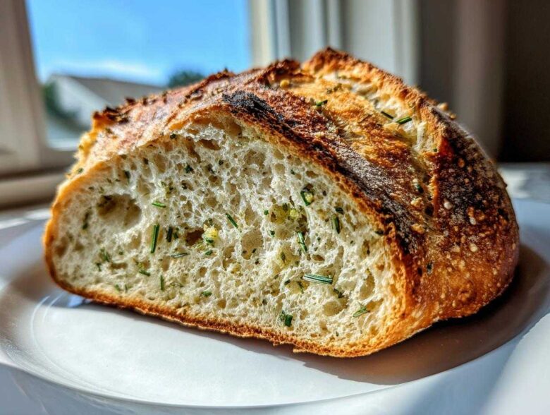 Close-up of a thick slice of Garlic Herb Dutch Oven Bread showing the airy interior studded with green herbs and a dark, crispy crust.
