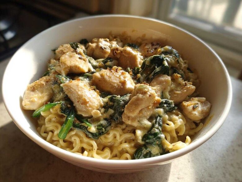 A close-up of Garlic Parmesan Chicken Ramen featuring creamy sauce, chunks of chicken, and wilted spinach over ramen noodles.