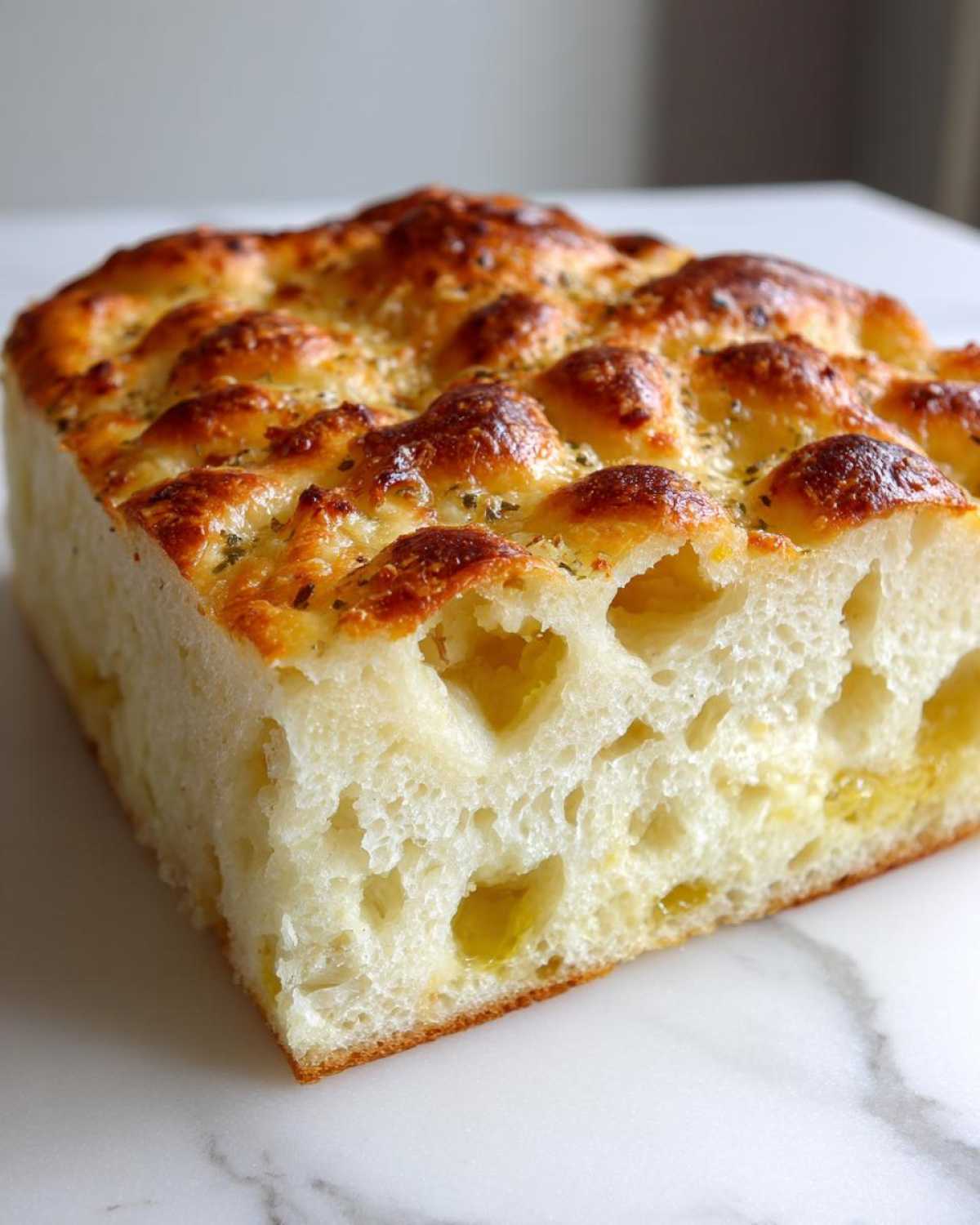 Close-up of the airy crumb and golden crust of Garlic Parmesan Focaccia Bread.