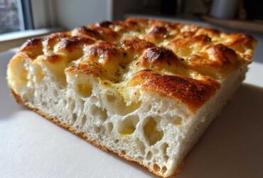 Close-up of a thick slice showing the airy crumb structure of Garlic Parmesan Focaccia Bread with a golden, dimpled top.