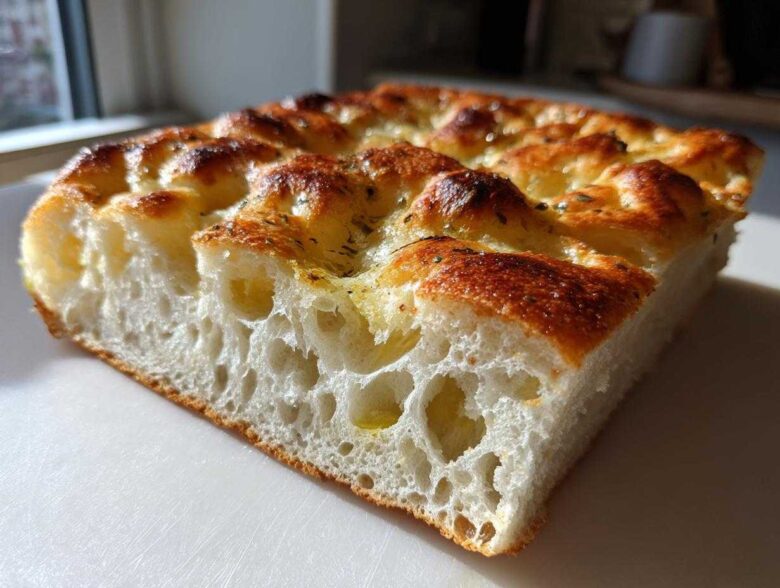 Close-up of a thick slice showing the airy crumb structure of Garlic Parmesan Focaccia Bread with a golden, dimpled top.