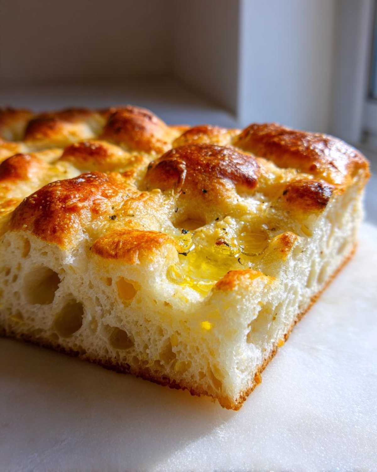 A close-up cross-section of fluffy Garlic Parmesan Focaccia Bread showing large air pockets and a golden, dimpled top soaked in oil.