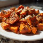 Close-up of roasted sweet potatoes cubes topped with herbs and Parmesan cheese, ready to eat.